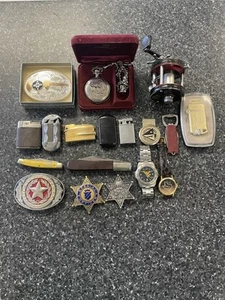 NICE JUNK DRAWER VINTAGE LOT KNIVES, WATCHES , BELT BUCKLES , ABU REEL & MORE - Picture 1 of 9