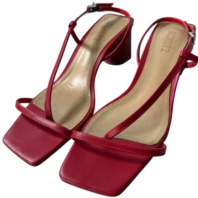 SCHUTZ Heloise Red Leather Square Toe Block Heel Slingback Sandals 8.5B Revolve - Image 1 of 4