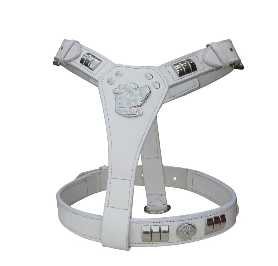 STAFFY LEATHER DESIGNER DOG HARNESS WITH DOG MOTIFF FULLY PADDED CHROME FITTING - Image 1 of 1