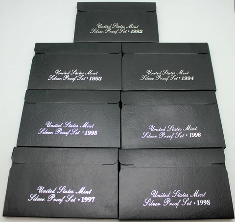 1992-1998 Silver Proof Sets in OGP w/COA Complete 7 Year Black Box Proof Set Run Cover