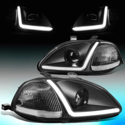 FOR 1996-1998 HONDA CIVIC LED DRL BLACK CLEAR SIDE TURN PROJECTOR HEADLIGHTS - Image 1 of 4