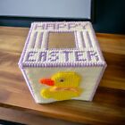 Vintage Handmade Plastic White  Canvas Easter Chick Bunny Tissue Box Cover 5x5x5