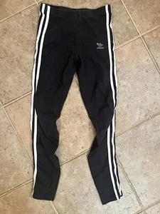 Girls Youth US Medium UK 11-12Y Adidas 3 Stripe Black White Leggings Athletic - Picture 1 of 8