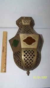OLD VINTAGE ORIGINAL MULTI-COLOR GLASS & BRASS HANGING CANDLE STAND LAMP - Picture 1 of 4