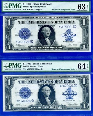 1923 $1 Silver Certificate PMG 63 64EPQ reverse changeover Fr 238 Fr 237 - Image 1 of 2