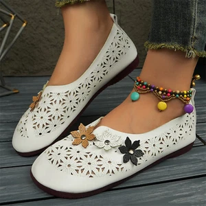 Women's Flat Slip On Shoes Hollow Out Floral Pattern Soft Breathable Sandals - Picture 1 of 13