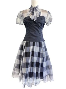 New York & Company Blue Plaid 2 Piece Skirt Outfit XS Petite Retro Fashionista - Picture 1 of 9