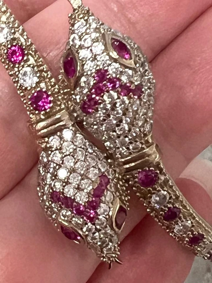Brazalete Brazalete Serpiente Rosa SÓLIDO 925 Turmalina Diamante REAL Oro 14K Foto 1 de 4