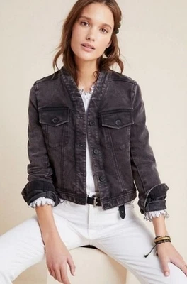 Chaqueta Anthropologie Bibiana Gris Denim Sin Cuello Lavado Ácido Talla Grande Foto 1 de 4