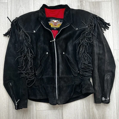 Chaqueta negra Harley Davidson de gamuza con flecos para dama talla grande motocicleta para mujer” Foto 1 de 4