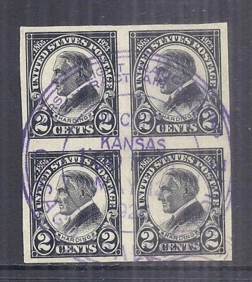1923 US SC 611, Harding Imperf Block of 4 w/ First Flight Cancel, 1926 Kansas - Image 1 of 2