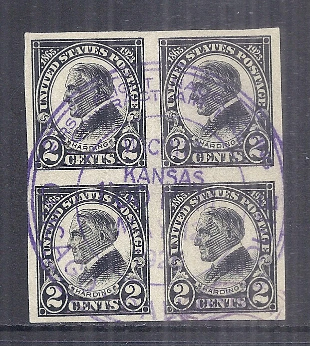1923 US SC 611, Harding Imperf Block of 4 w/ First Flight Cancel, 1926 Kansas - Image 1 of 2