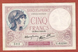 5 Francs HELMETED WOMAN Marianne FRANCE 1939 banknote paper money - Picture 1 of 2