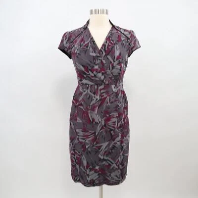 Classiques Entier Silk Sheath Dress Womens 0 Gray Magenta Faux Wrap Cap Sleeves - Image 1 of 4
