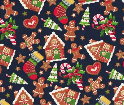 CHRISTMAS GINGERBREAD COOKIES HOUSE ON NAVY GOLD GLITTER STOCKINGS FABRIC 32"x44 - Image 1 of 3