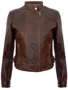 Ladies Brown Leather Jacket Vintage Fashionable Fitted Zipped Biker Style - Picture 1 of 5