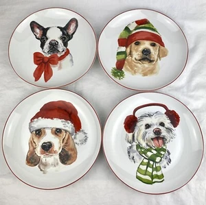 Juego de 4 platos de ensalada de postre Pier 1 cachorros perros vacaciones Navidad rojo 8" usados en excelente estado - Imagen 1 de 9