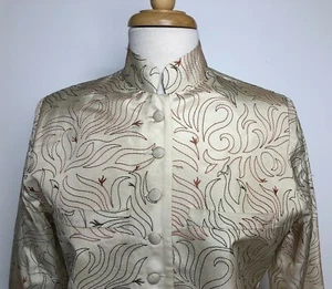 Bina Ramani Silk Tan Car Coat Jacket Embroidered 2 Chest Pockets Sz 40 NEW - Picture 1 of 10