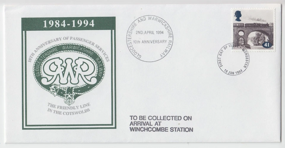 GB Gloucester Warwick Railway 10 Anniv Passenger Service (Worcester 1994 Pmk) - Image 1 of 1
