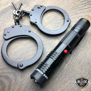 BLACK Steel Handcuffs MILITARY Double Locking Hand Cuffs w 2 keys + Stun Gun Set - Picture 1 of 3