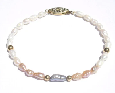   Brazalete Multicolor (Rosa Azul Blanco) Arroz Perla 14K Y Oro Bolas y Cierre 8" Foto 1 de 4