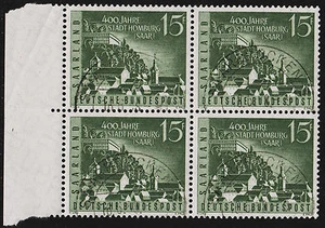 1958 Deutschland Saar Homburg Sc#314 GEBRAUCHT CTO linker Seitenrand 4er Block - Bild 1 von 1