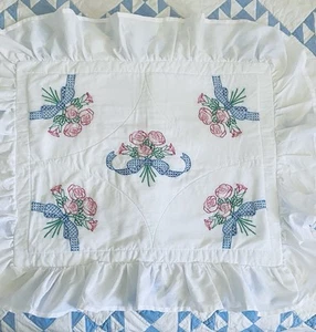 Pillow Sham White Embroidered With Roses Cottage Core  100% Cotton 20” X 25” - Picture 1 of 11