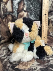 LOOK! Vintage Purring Kitty Kittens Tyco Calico Teal Bow Gray Eyes Plush Kitten - Picture 1 of 8
