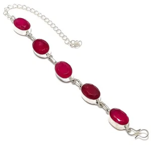 Ruby(Simulated) Gemstone Handmade 925 Sterling Silver Bracelet 7-8" - Picture 1 of 1