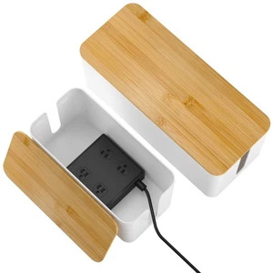 2 Pack Cable Management Box Wooden Lid & Plastic Body Medium and Small Cord - Afbeelding 1 van 7