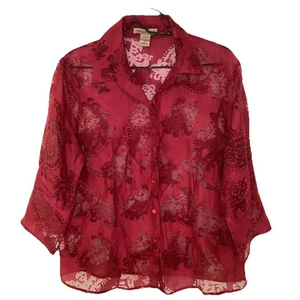 NOTACIONES Blusa Top Para Mujer Roja Semi Transparente Burnout Abotonada XL Mezcla de Lino - Imagen 1 de 10