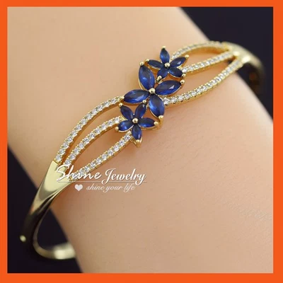9K Gold Filled Filigree Sapphire Simulated Diamonds Flowers BANGLE BRACELET 60mm Foto 1 de 4