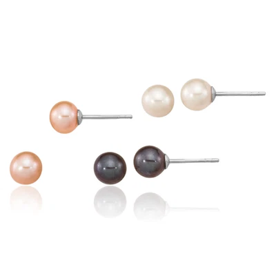 925 Sterling Silver 6mm Black White Pink Round Freshwater Cultured Pearl Set ... - Image 1 of 4