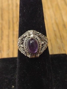 Antique Etruscan Revival Sterling Silver 925 Amethyst Poison Locket Ring Sz 8 - Picture 1 of 6