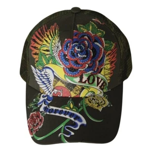 Nabee Collection Dark Green Love Forever Hat Cap Flowers & Wings Rhinestones - Picture 1 of 6