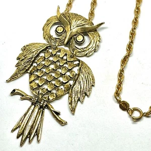 Vintage Accessocraft NYC Gold Tone Articulated Statement OWL Pendant Necklace - Picture 1 of 8
