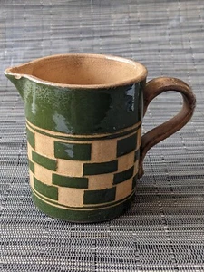 1859 Green Checkered Mochaware Cream Pitcher, 3 1/4" tall Pottery - Picture 1 of 7