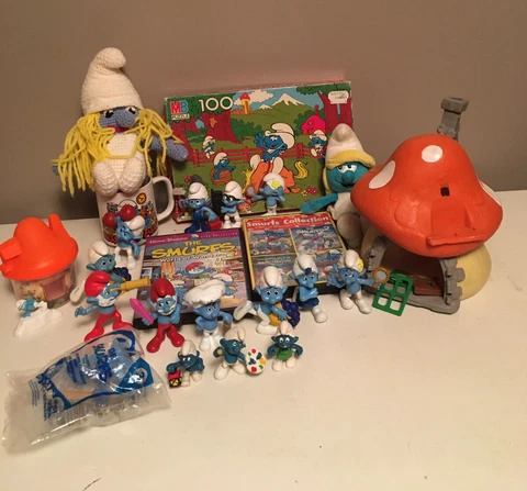 Large Lot - 24 Smurf Items, Mushroom House’s,Movies, Stuffed Smurfettes, Figures Cover