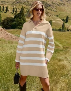 ZESICA Women's Striped Sweater Dress Long Sleeve V Neck Collar Loose Knit XL - Picture 1 of 5