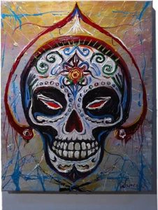SKULL MASK OIL█PAINTING█REALISM ART█VINTAGE ORIGINAL█DAY OF THE DEAD SKELETON NA - Picture 1 of 23