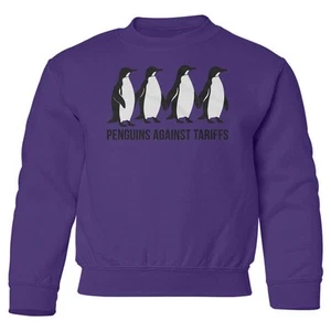 Penguins Against Tariffs - Funny Resist Protest Youth Crewneck Sweatshirt - Picture 1 of 5