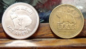 2 BIG BEAR ICE ARENA TOKENS TWO DIFFERENT TYPES SILVER TONE -BRASS - Picture 1 of 2