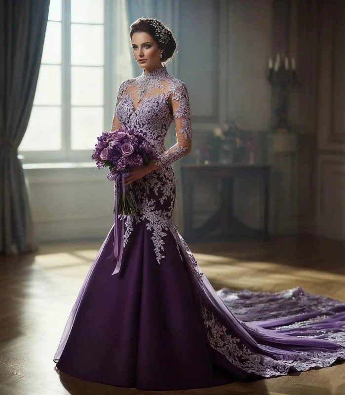Фиолетовые свадебные платья с длинным рукавом аппликация оборки органза часовня перетащить достоинство - Изображение 1 из 4