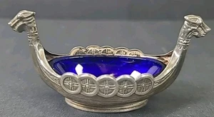 Vintage Sterling Silber Wikinger Schiff Salzkeller mit Kobalt Glaseinsatz - Schweden - Bild 1 von 12
