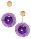 New Lavender Purple Raffia Straw And Sequin Flower Drop Dangle Gold Tone Earrings