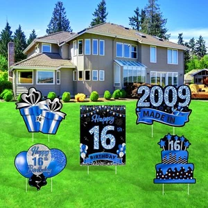 5Pcs Navy Blue 16th Birthday Yard Signs Set Happy 16th Birthday Lawn Signs wi... - Picture 1 of 7