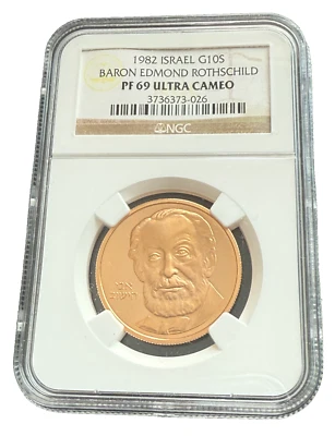 Israel 1982 Gold 1/2 oz 10 Sheqalim NGC PF69UC Baron Edmond Rothschild - Image 1 of 2
