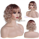 8 Inch Women Short Blonde Curly Wavy Bob Wig Bangs Fluffy Cosplay Party Real