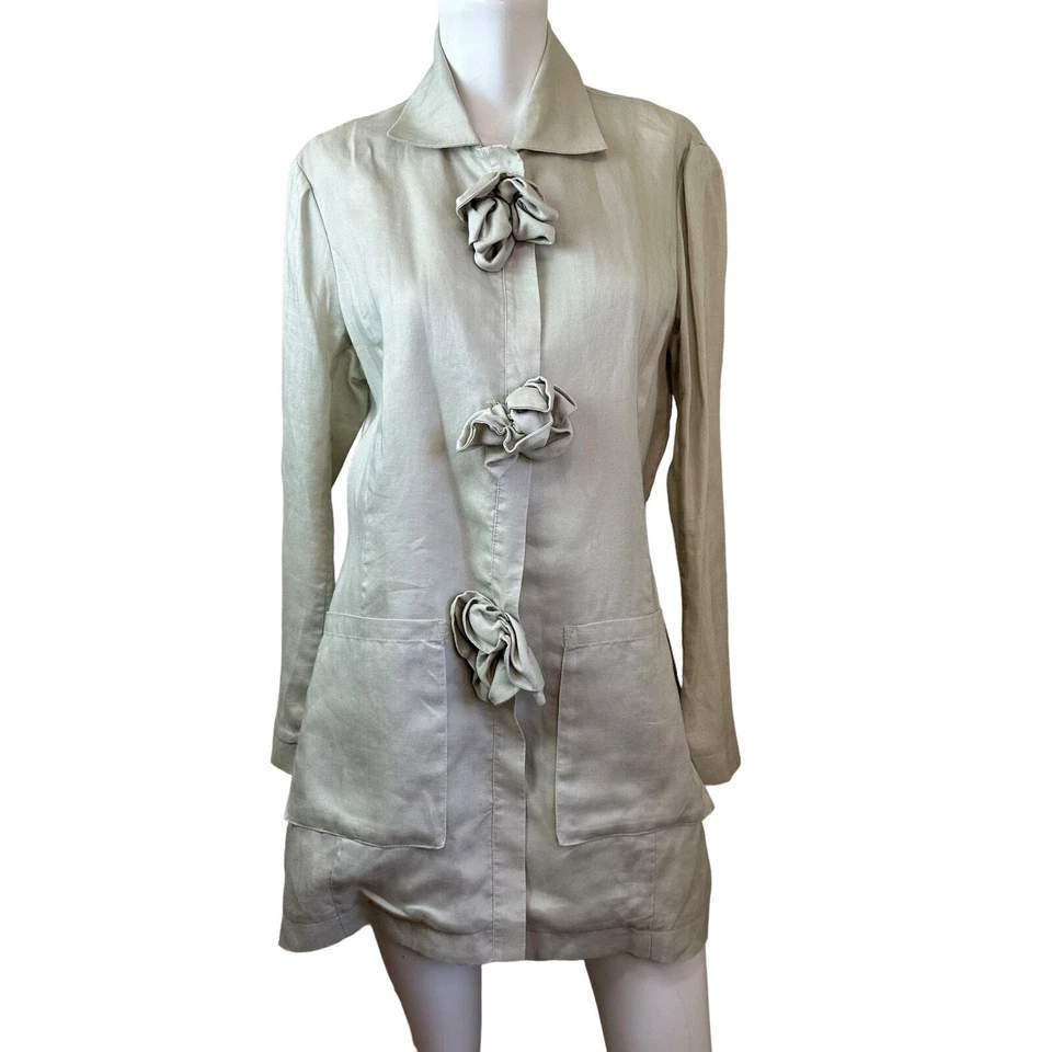 Chaqueta de lino beige largo adornada rosa anne fontaine Myoko PO9216 talla 42=10 Foto 1 de 4