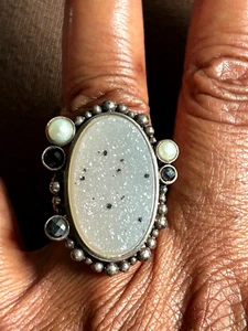 Echo Of The Dreamer White Twinkle Druzy Hematite Pearl Sterling Silver Ring 8 - Picture 1 of 14